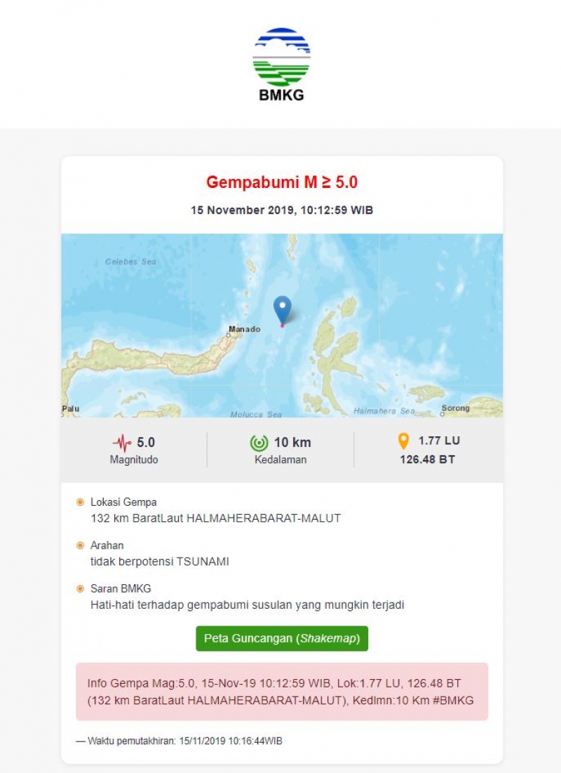 Informasi Gempa Jumat 15 November 2019